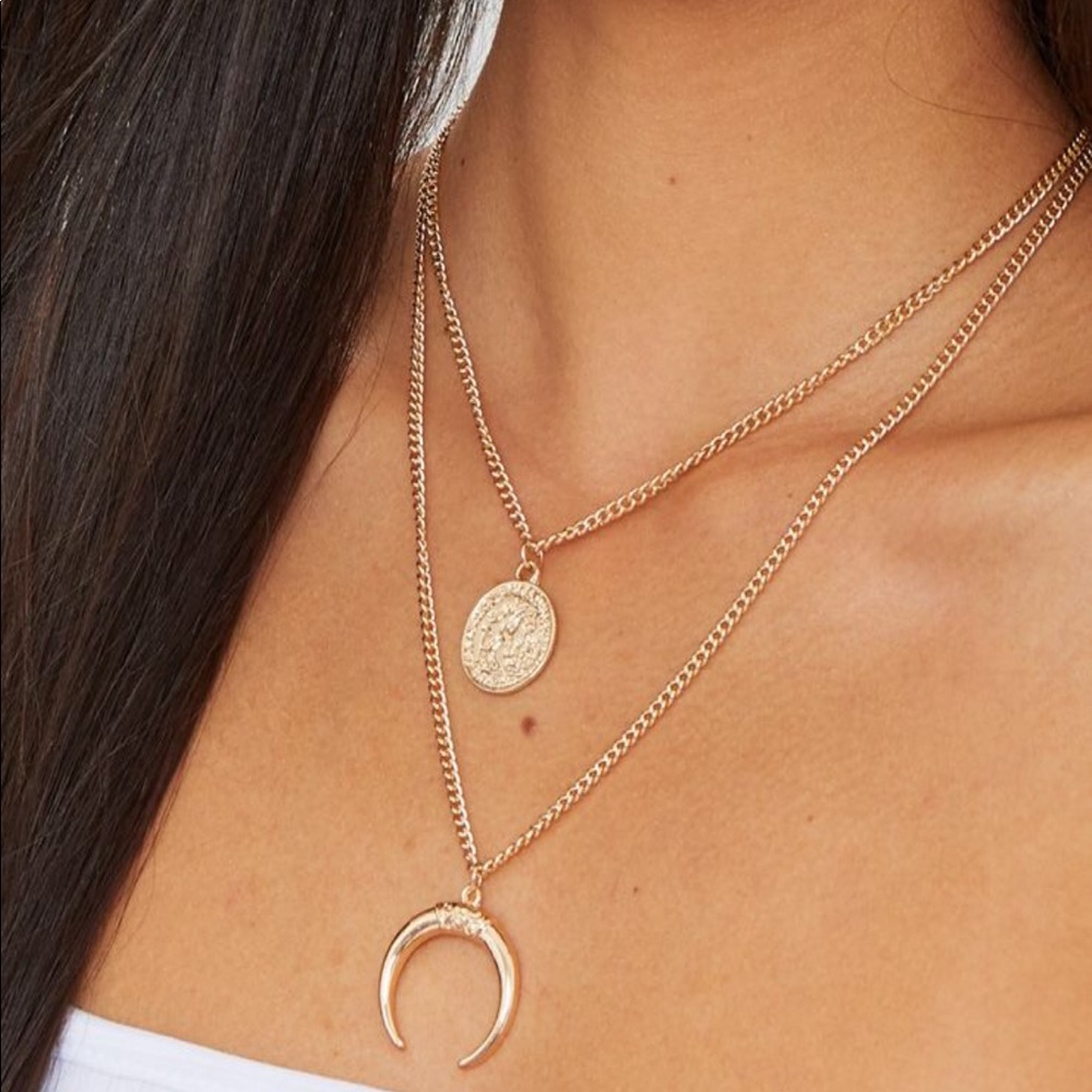 Gold Coin Bull Horn Layered Necklace